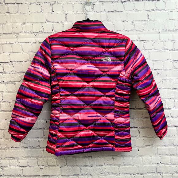 The North Face Girls 550 Down Puffer Coat Size Large 14/16 Pink Purple Stripes - Picture 7 of 12